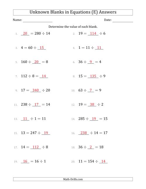 The Unknown Blanks in Equations - Division - Range 1 to 20 - Any Position (E) Math Worksheet Page 2