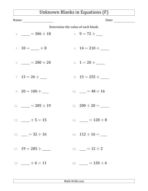 The Unknown Blanks in Equations - Division - Range 1 to 20 - Any Position (F) Math Worksheet