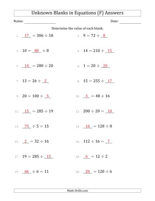 The Unknown Blanks in Equations - Division - Range 1 to 20 - Any Position (F) Math Worksheet Page 2