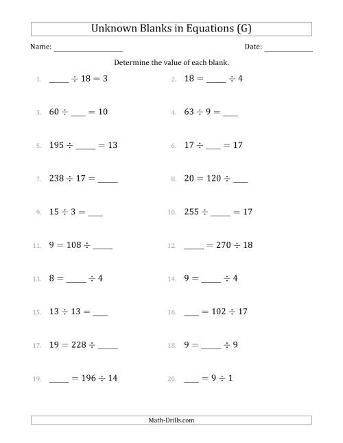 The Unknown Blanks in Equations - Division - Range 1 to 20 - Any Position (G) Math Worksheet