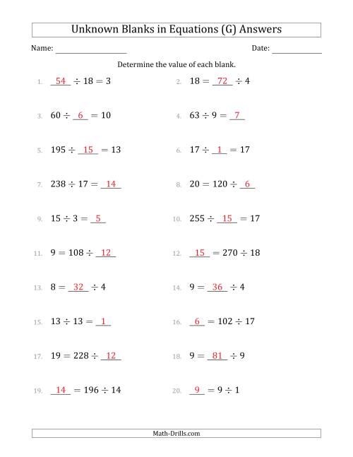 The Unknown Blanks in Equations - Division - Range 1 to 20 - Any Position (G) Math Worksheet Page 2