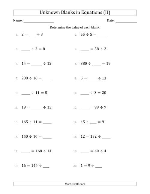 The Unknown Blanks in Equations - Division - Range 1 to 20 - Any Position (H) Math Worksheet