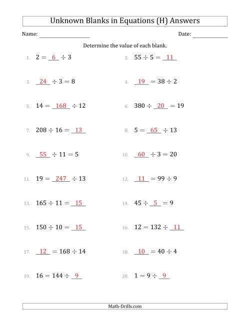 The Unknown Blanks in Equations - Division - Range 1 to 20 - Any Position (H) Math Worksheet Page 2