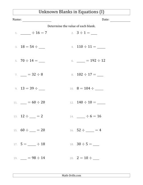 The Unknown Blanks in Equations - Division - Range 1 to 20 - Any Position (I) Math Worksheet