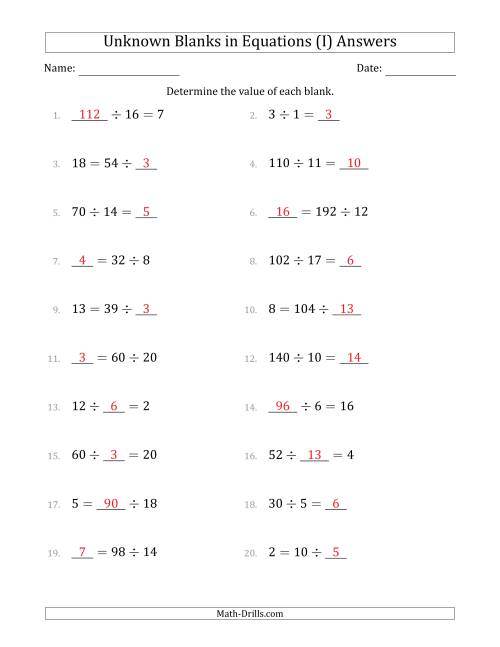 The Unknown Blanks in Equations - Division - Range 1 to 20 - Any Position (I) Math Worksheet Page 2