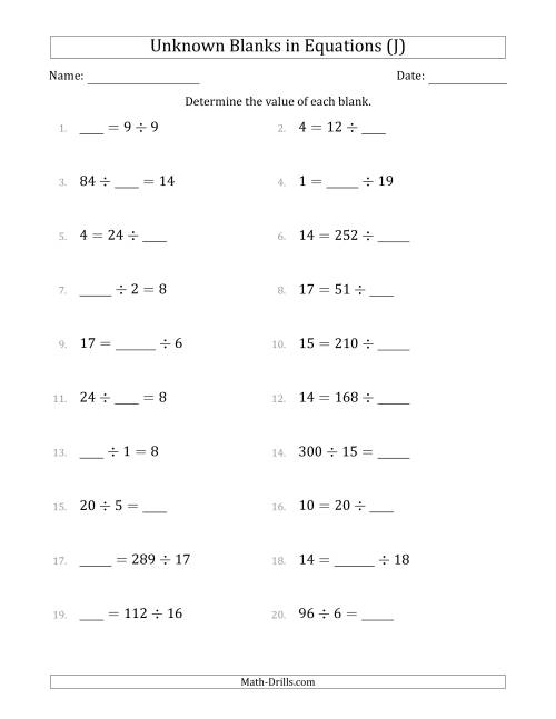 The Unknown Blanks in Equations - Division - Range 1 to 20 - Any Position (J) Math Worksheet