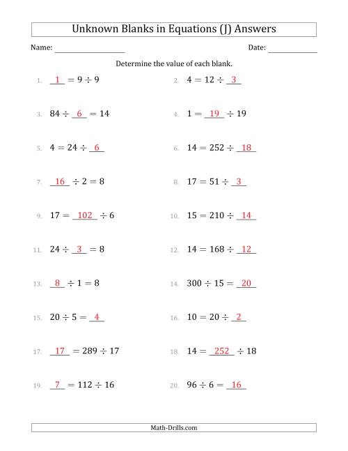 The Unknown Blanks in Equations - Division - Range 1 to 20 - Any Position (J) Math Worksheet Page 2