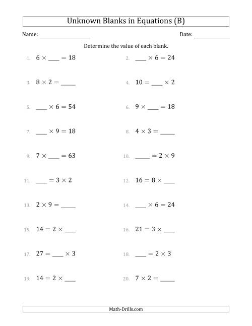 The Unknown Blanks in Equations - Multiplication - Range 1 to 9 - Any Position (B) Math Worksheet