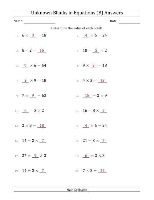 The Unknown Blanks in Equations - Multiplication - Range 1 to 9 - Any Position (B) Math Worksheet Page 2