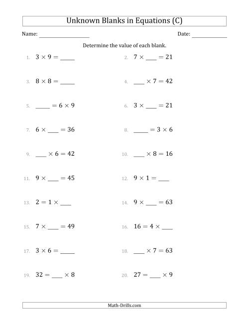The Unknown Blanks in Equations - Multiplication - Range 1 to 9 - Any Position (C) Math Worksheet