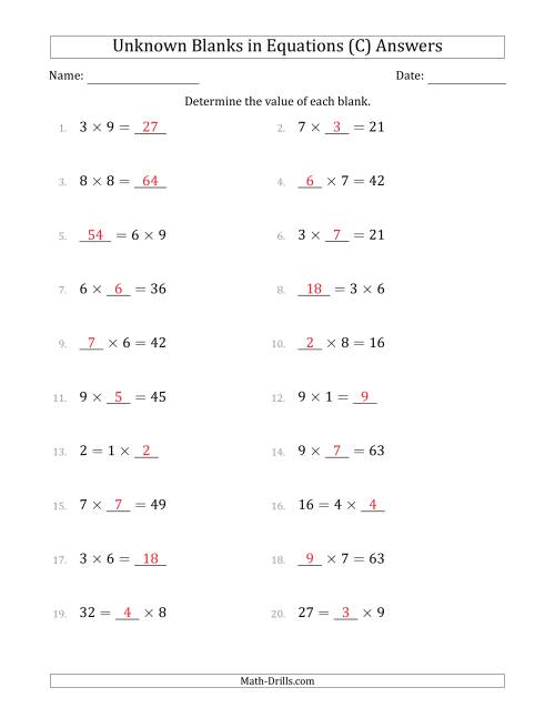 The Unknown Blanks in Equations - Multiplication - Range 1 to 9 - Any Position (C) Math Worksheet Page 2