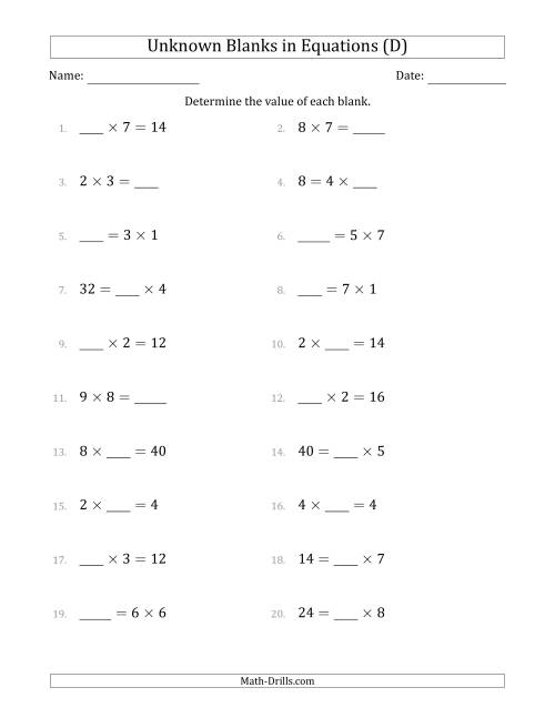 The Unknown Blanks in Equations - Multiplication - Range 1 to 9 - Any Position (D) Math Worksheet