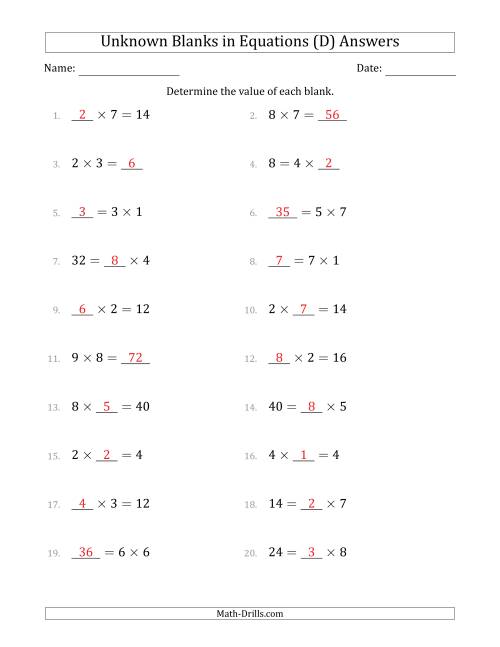 The Unknown Blanks in Equations - Multiplication - Range 1 to 9 - Any Position (D) Math Worksheet Page 2