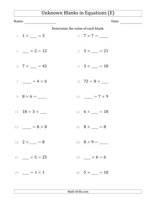 The Unknown Blanks in Equations - Multiplication - Range 1 to 9 - Any Position (E) Math Worksheet