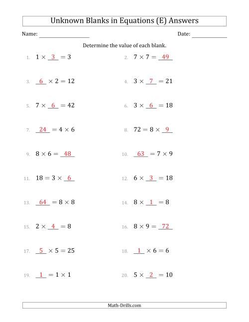 The Unknown Blanks in Equations - Multiplication - Range 1 to 9 - Any Position (E) Math Worksheet Page 2