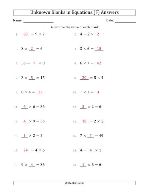 The Unknown Blanks in Equations - Multiplication - Range 1 to 9 - Any Position (F) Math Worksheet Page 2