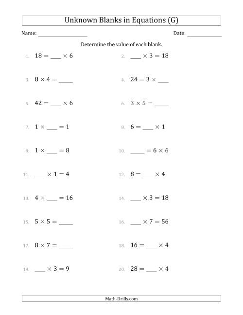 The Unknown Blanks in Equations - Multiplication - Range 1 to 9 - Any Position (G) Math Worksheet