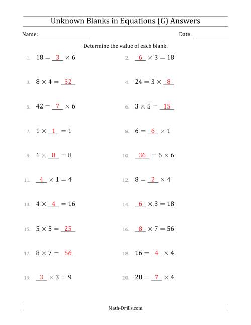 The Unknown Blanks in Equations - Multiplication - Range 1 to 9 - Any Position (G) Math Worksheet Page 2