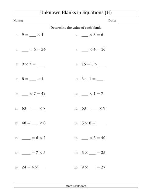 The Unknown Blanks in Equations - Multiplication - Range 1 to 9 - Any Position (H) Math Worksheet