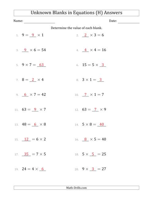 The Unknown Blanks in Equations - Multiplication - Range 1 to 9 - Any Position (H) Math Worksheet Page 2