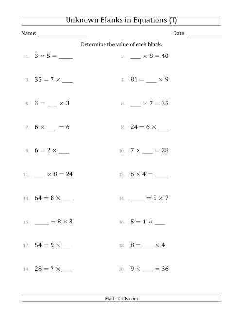 The Unknown Blanks in Equations - Multiplication - Range 1 to 9 - Any Position (I) Math Worksheet