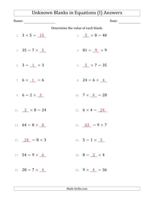 The Unknown Blanks in Equations - Multiplication - Range 1 to 9 - Any Position (I) Math Worksheet Page 2