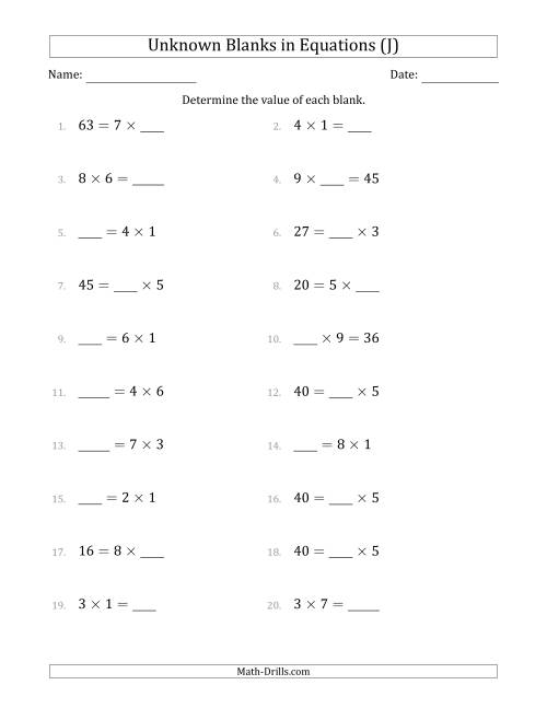 The Unknown Blanks in Equations - Multiplication - Range 1 to 9 - Any Position (J) Math Worksheet