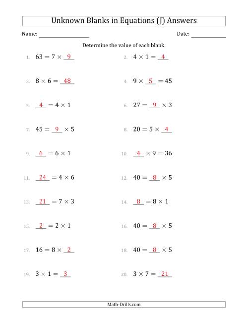 The Unknown Blanks in Equations - Multiplication - Range 1 to 9 - Any Position (J) Math Worksheet Page 2
