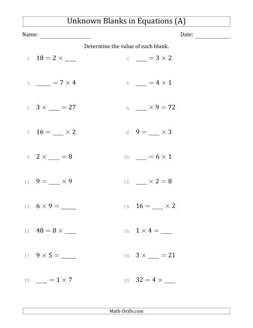 The Unknown Blanks in Equations - Multiplication - Range 1 to 9 - Any Position (All) Math Worksheet
