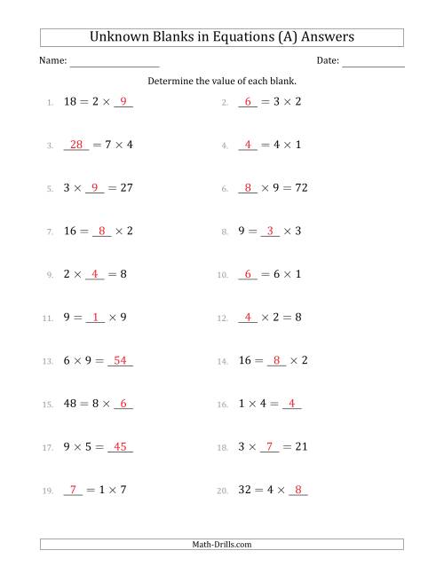 The Unknown Blanks in Equations - Multiplication - Range 1 to 9 - Any Position (All) Math Worksheet Page 2