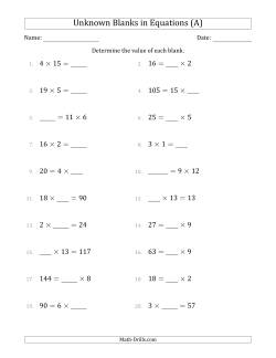 Unknown Blanks in Equations - Multiplication - Range 1 to 20 - Any Position