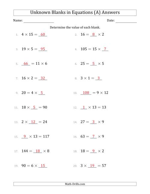 The Unknown Blanks in Equations - Multiplication - Range 1 to 20 - Any Position (A) Math Worksheet Page 2