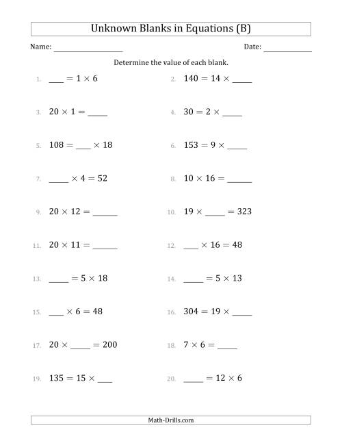 The Unknown Blanks in Equations - Multiplication - Range 1 to 20 - Any Position (B) Math Worksheet
