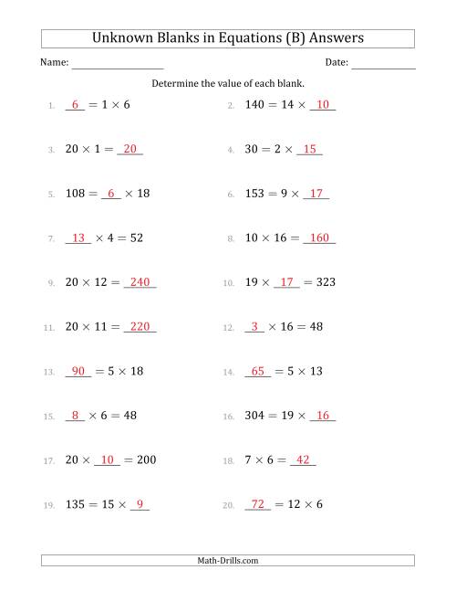 The Unknown Blanks in Equations - Multiplication - Range 1 to 20 - Any Position (B) Math Worksheet Page 2