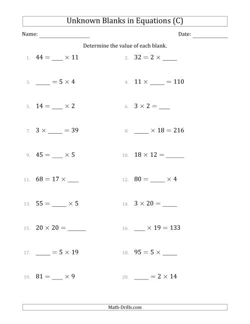 The Unknown Blanks in Equations - Multiplication - Range 1 to 20 - Any Position (C) Math Worksheet
