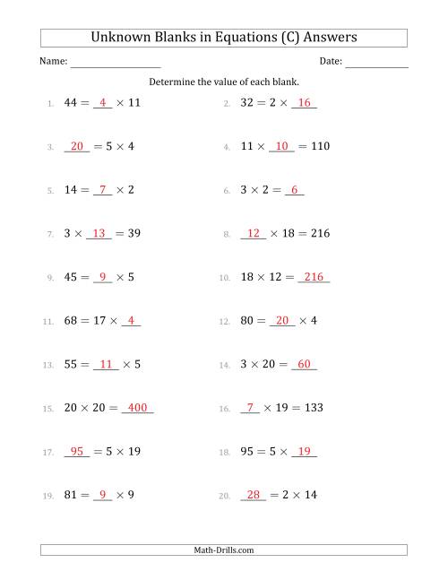 The Unknown Blanks in Equations - Multiplication - Range 1 to 20 - Any Position (C) Math Worksheet Page 2
