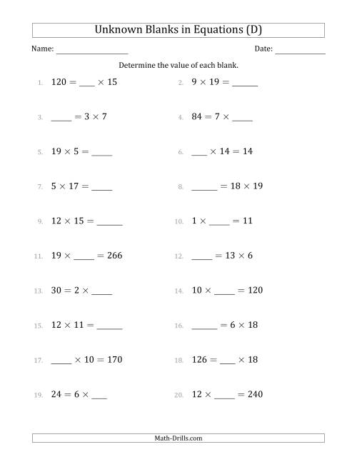 The Unknown Blanks in Equations - Multiplication - Range 1 to 20 - Any Position (D) Math Worksheet