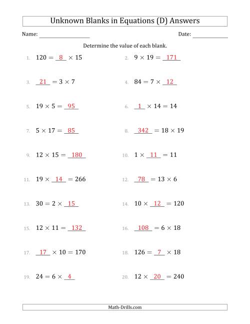 The Unknown Blanks in Equations - Multiplication - Range 1 to 20 - Any Position (D) Math Worksheet Page 2