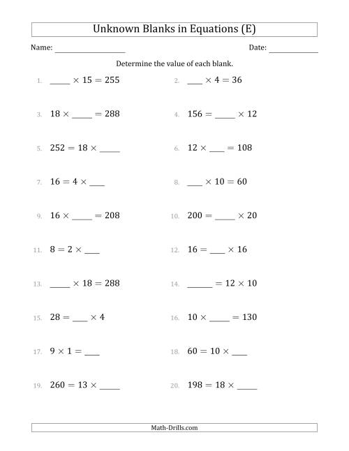 The Unknown Blanks in Equations - Multiplication - Range 1 to 20 - Any Position (E) Math Worksheet