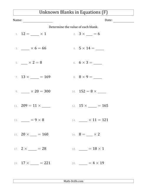 The Unknown Blanks in Equations - Multiplication - Range 1 to 20 - Any Position (F) Math Worksheet