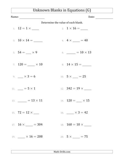 The Unknown Blanks in Equations - Multiplication - Range 1 to 20 - Any Position (G) Math Worksheet
