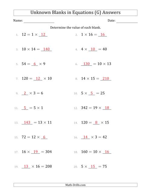 The Unknown Blanks in Equations - Multiplication - Range 1 to 20 - Any Position (G) Math Worksheet Page 2
