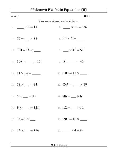 The Unknown Blanks in Equations - Multiplication - Range 1 to 20 - Any Position (H) Math Worksheet