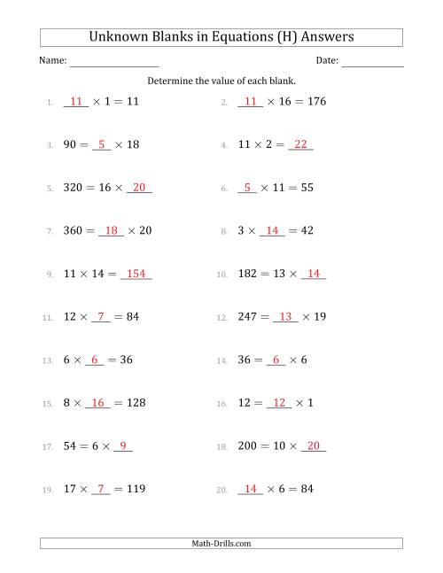 The Unknown Blanks in Equations - Multiplication - Range 1 to 20 - Any Position (H) Math Worksheet Page 2