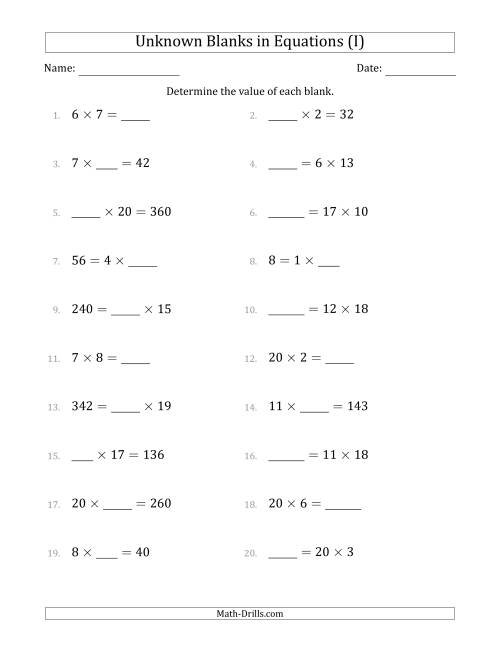 The Unknown Blanks in Equations - Multiplication - Range 1 to 20 - Any Position (I) Math Worksheet