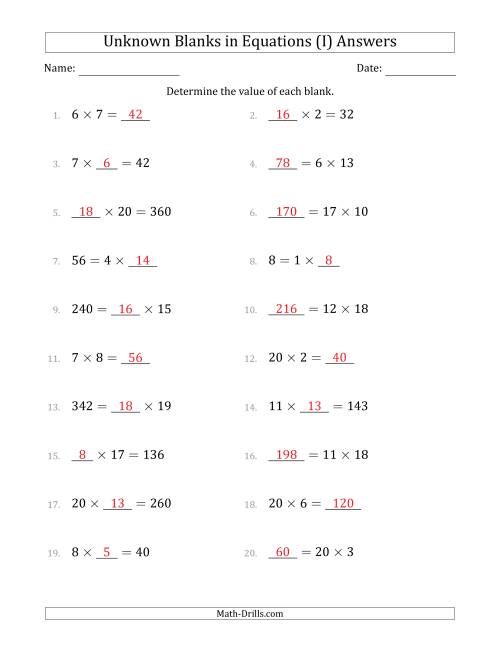 The Unknown Blanks in Equations - Multiplication - Range 1 to 20 - Any Position (I) Math Worksheet Page 2