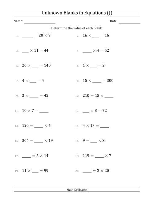The Unknown Blanks in Equations - Multiplication - Range 1 to 20 - Any Position (J) Math Worksheet
