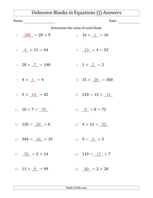 The Unknown Blanks in Equations - Multiplication - Range 1 to 20 - Any Position (J) Math Worksheet Page 2