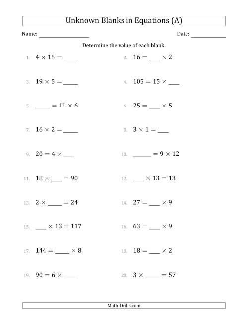 The Unknown Blanks in Equations - Multiplication - Range 1 to 20 - Any Position (All) Math Worksheet
