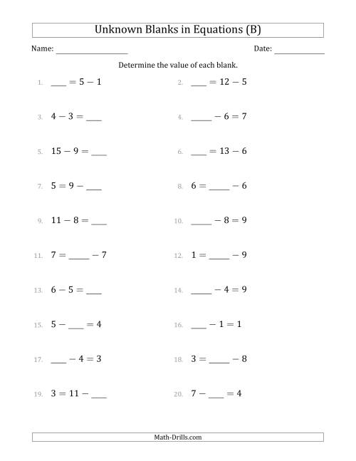 The Unknown Blanks in Equations - Subtraction - Range 1 to 9 - Any Position (B) Math Worksheet